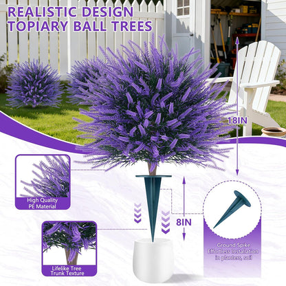 Artificial Lavender Topiary Ball with Ground Spike, UV Resistant Faux Outdoor Plant for Garden Patio Porch Decor, Free-Maintenance Fake Flowers