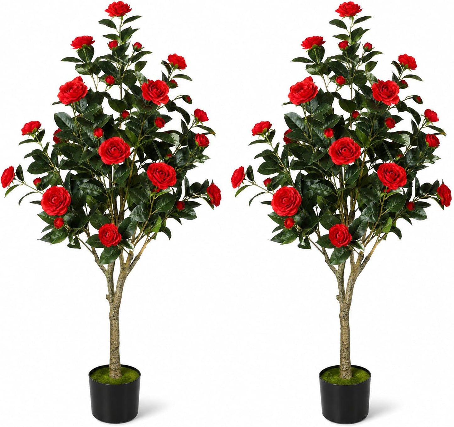 2 Pack Artificial Camellia Tree, 4FT Faux Camellia Tree with Red Flowers | Realistic Camellia Tree, Sturdy Construction, Versatile Use, Low Maintenance, No Unpleasant Smell, Colorfast & Long-Lasting