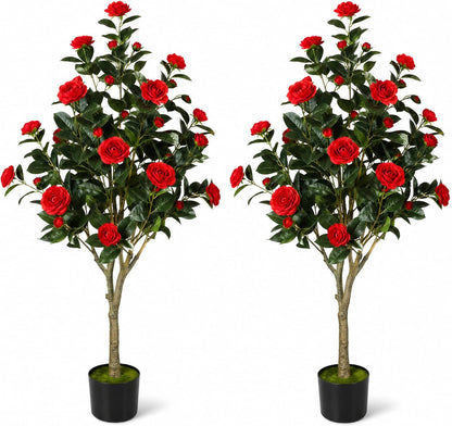 2 Pack Artificial Camellia Tree, 4FT Faux Camellia Tree with Red Flowers | Realistic Camellia Tree, Sturdy Construction, Versatile Use, Low Maintenance, No Unpleasant Smell, Colorfast & Long-Lasting