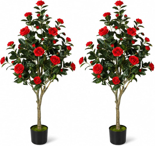 2 Pack Artificial Camellia Tree, 4FT Faux Camellia Tree with Red Flowers | Realistic Camellia Tree, Sturdy Construction, Versatile Use, Low Maintenance, No Unpleasant Smell, Colorfast & Long-Lasting