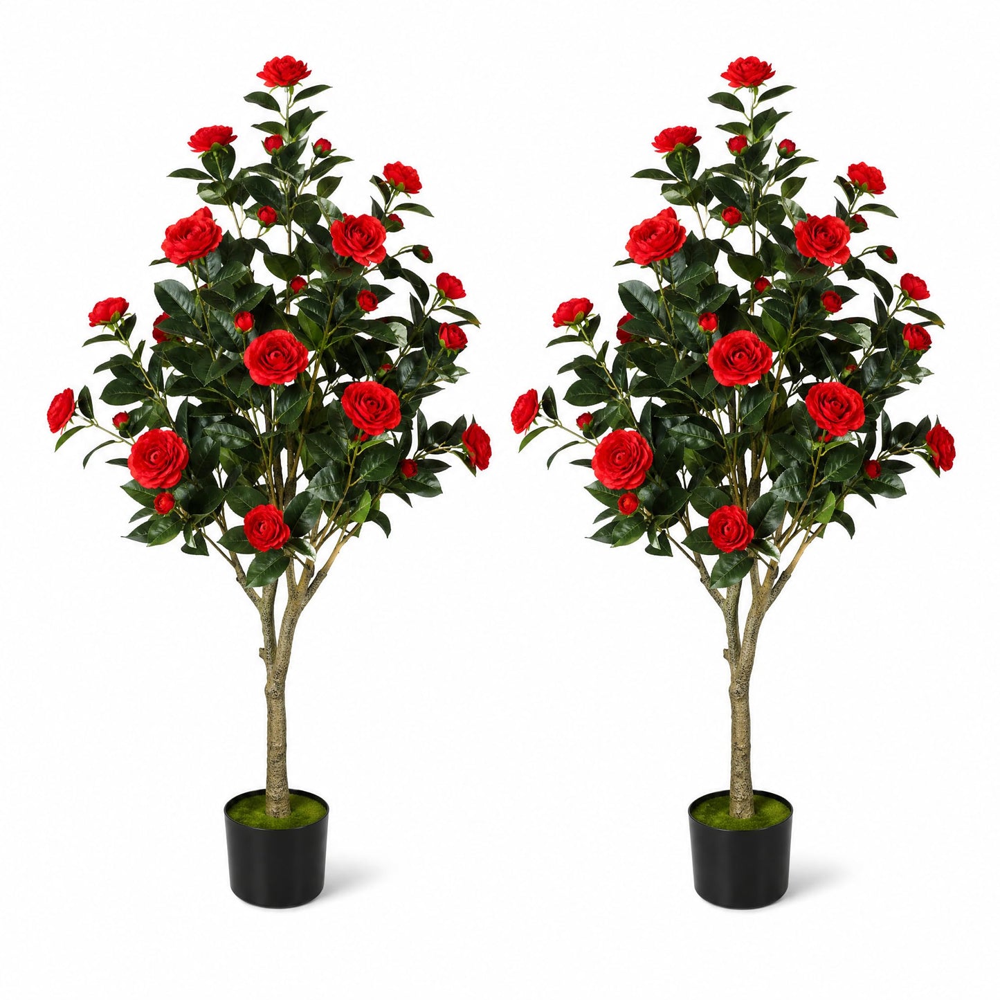 2 Pack Artificial Camellia Tree, 4FT Faux Camellia Tree with Red Flowers | Realistic Camellia Tree, Sturdy Construction, Versatile Use, Low Maintenance, No Unpleasant Smell, Colorfast & Long-Lasting
