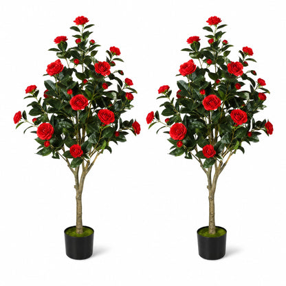 2 Pack Artificial Camellia Tree, 4FT Faux Camellia Tree with Red Flowers | Realistic Camellia Tree, Sturdy Construction, Versatile Use, Low Maintenance, No Unpleasant Smell, Colorfast & Long-Lasting
