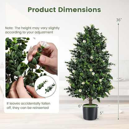 36" Artificial Topiary Cone Tree, Faux Potted Shrub Plant w/49 Flowers, Sun-Resistant Indoor Outdoor Evergreen Decoration for Home, Office, Front Porch
