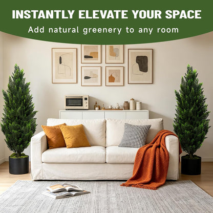 Artificial Topiary Pine Trees 3FT, Dense Faux Cedar Plants with Heavy Weighted Base, UV Resistant Outdoor Fake Trees for Front Door, Porch, Entryway & Indoor Home Decor