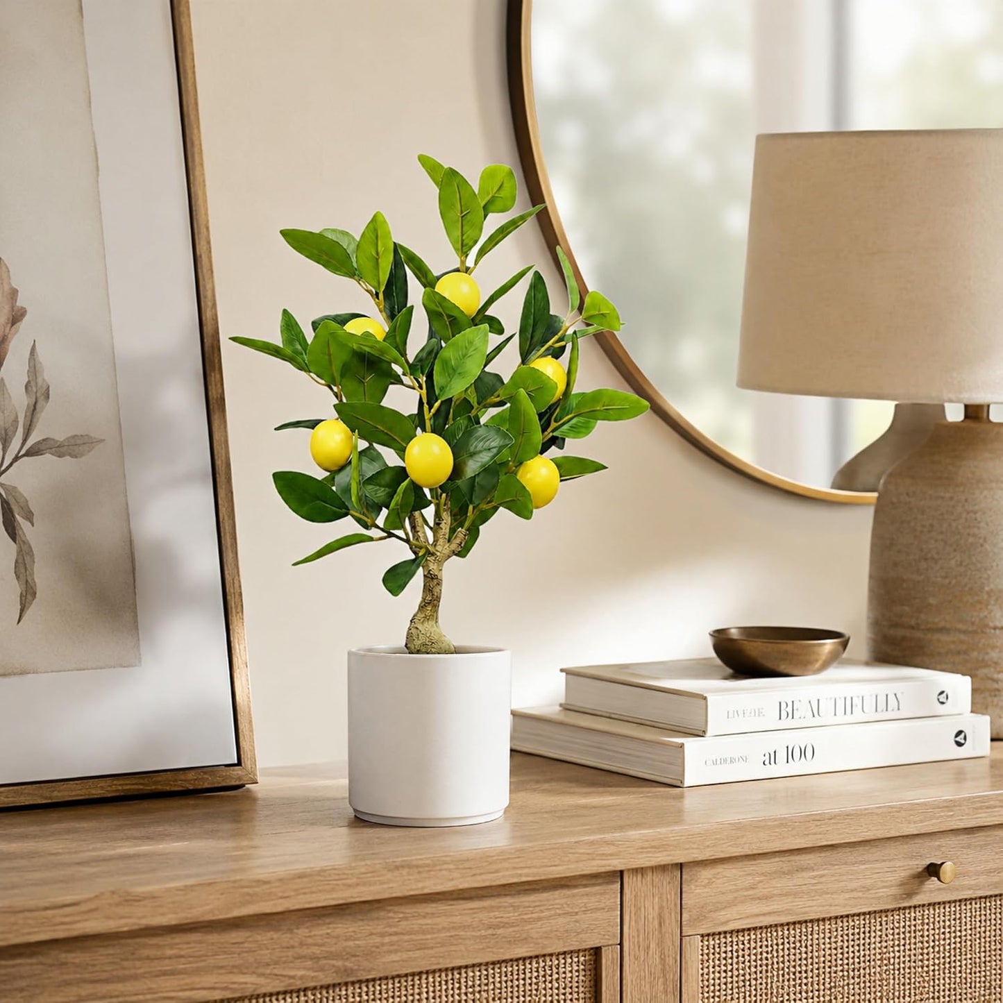 Artificial Lemon Tree 20.5 Inches Tall, Fake Potted Citrus Plant with Lemons and White Pot, Faux Fruit Plant Medium Fake Houseplant for Indoor Home Office Desk Room Table Decor