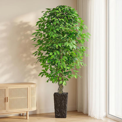 6FT Artificial Ficus Tree, Tall Fake Ficus Tree with Natural Wood Trunk & Silk Leaves, Large Artificial Plant Indoor for Home Living Room Office Bedroom Decor
