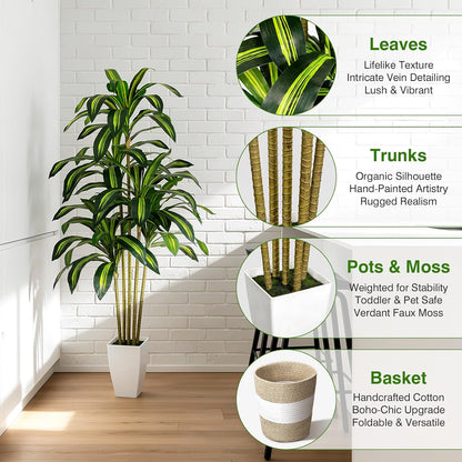 5FT Artificial Dracaena Tree - Tall Faux Dracaena with White Planter, Artificial Plants Indoor, Fake Plant Build Boho-Chic Basket, Fake Tree for Outdoor Home Office Decor