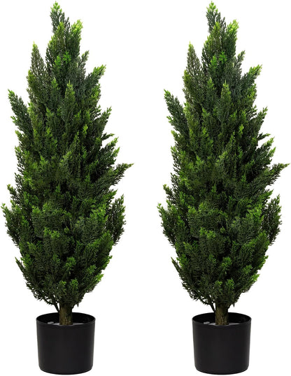 Artificial Topiary Pine Trees 3FT, Dense Faux Cedar Plants with Heavy Weighted Base, UV Resistant Outdoor Fake Trees for Front Door, Porch, Entryway & Indoor Home Decor