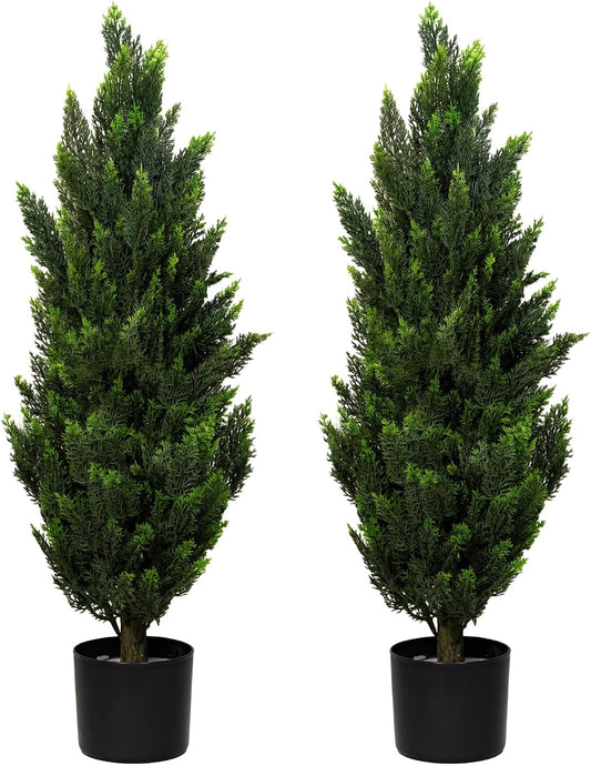Artificial Topiary Pine Trees 3FT, Dense Faux Cedar Plants with Heavy Weighted Base, UV Resistant Outdoor Fake Trees for Front Door, Porch, Entryway & Indoor Home Decor