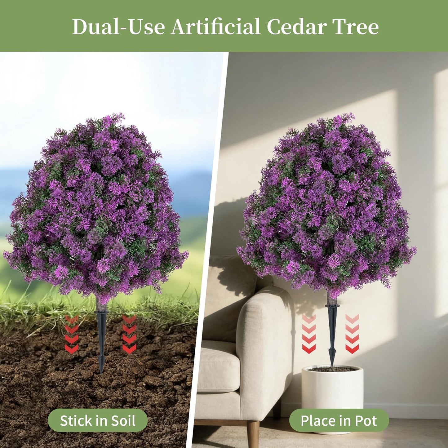 Cedar Topiary Ball Trees - Outdoor29" H X 21" W Artificial Cedar Bushes with Stakes for Porch Planters Decor - Purple Faux Cypress Shrubs Plants for Garden Yard Patio Urn Fillers