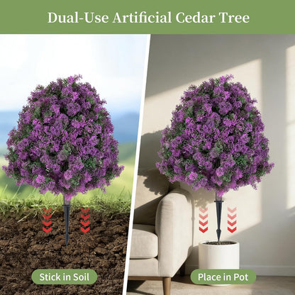 Cedar Topiary Ball Trees - Outdoor29" H X 21" W Artificial Cedar Bushes with Stakes for Porch Planters Decor - Purple Faux Cypress Shrubs Plants for Garden Yard Patio Urn Fillers