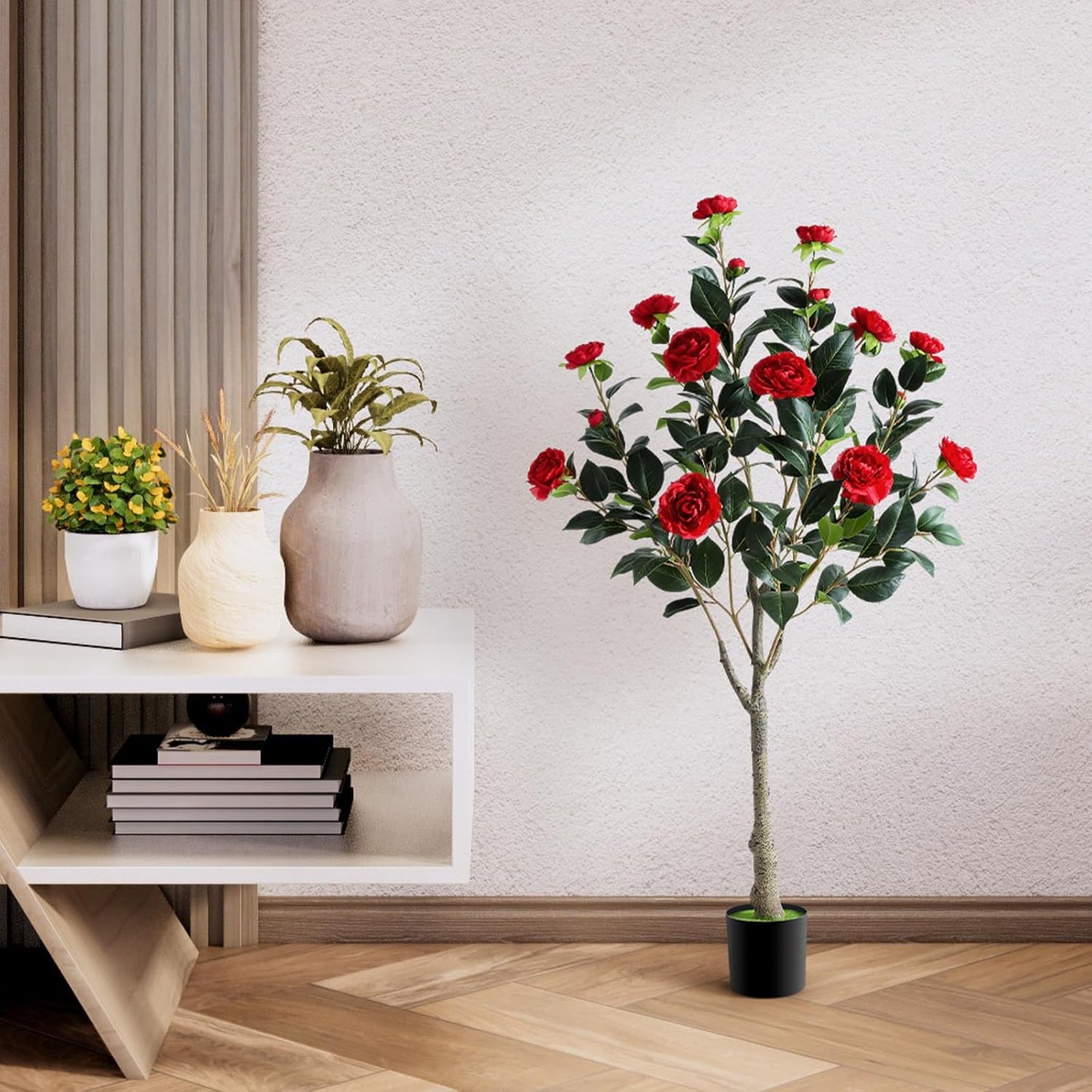 2 Pack Artificial Camellia Tree, 4FT Faux Camellia Tree with Red Flowers | Realistic Camellia Tree, Sturdy Construction, Versatile Use, Low Maintenance, No Unpleasant Smell, Colorfast & Long-Lasting