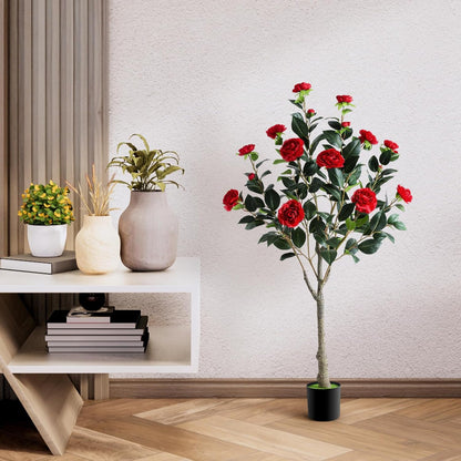 2 Pack Artificial Camellia Tree, 4FT Faux Camellia Tree with Red Flowers | Realistic Camellia Tree, Sturdy Construction, Versatile Use, Low Maintenance, No Unpleasant Smell, Colorfast & Long-Lasting