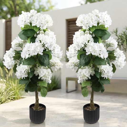 3 Ft Artificial Hydrangea Trees Potted, UV Resistant Faux Silk Hydrangea Plant in Pot for Indoor Outdoor Decoration, Hydrangea Topiary for Garden Office Home Porch Patio Decor