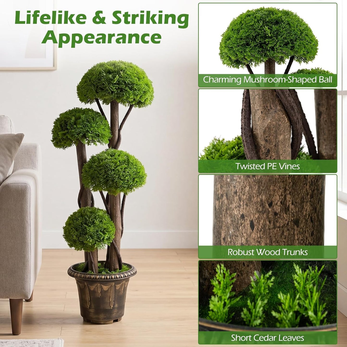 3 FT Artificial Cypress Topiary Ball Tree, Faux Greenery Plant with Cement-Filled Planter, Vines, Real Wood Trunks, Indoor Outdoor Fake Shrub Plant for Office Home Front Porch Decor