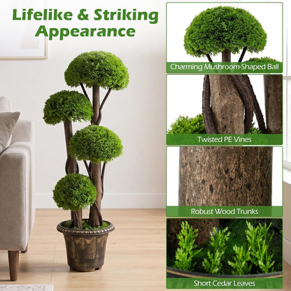 3 FT Artificial Cypress Topiary Ball Tree, Faux Greenery Plant with Cement-Filled Planter, Vines, Real Wood Trunks, Indoor Outdoor Fake Shrub Plant for Office Home Front Porch Decor