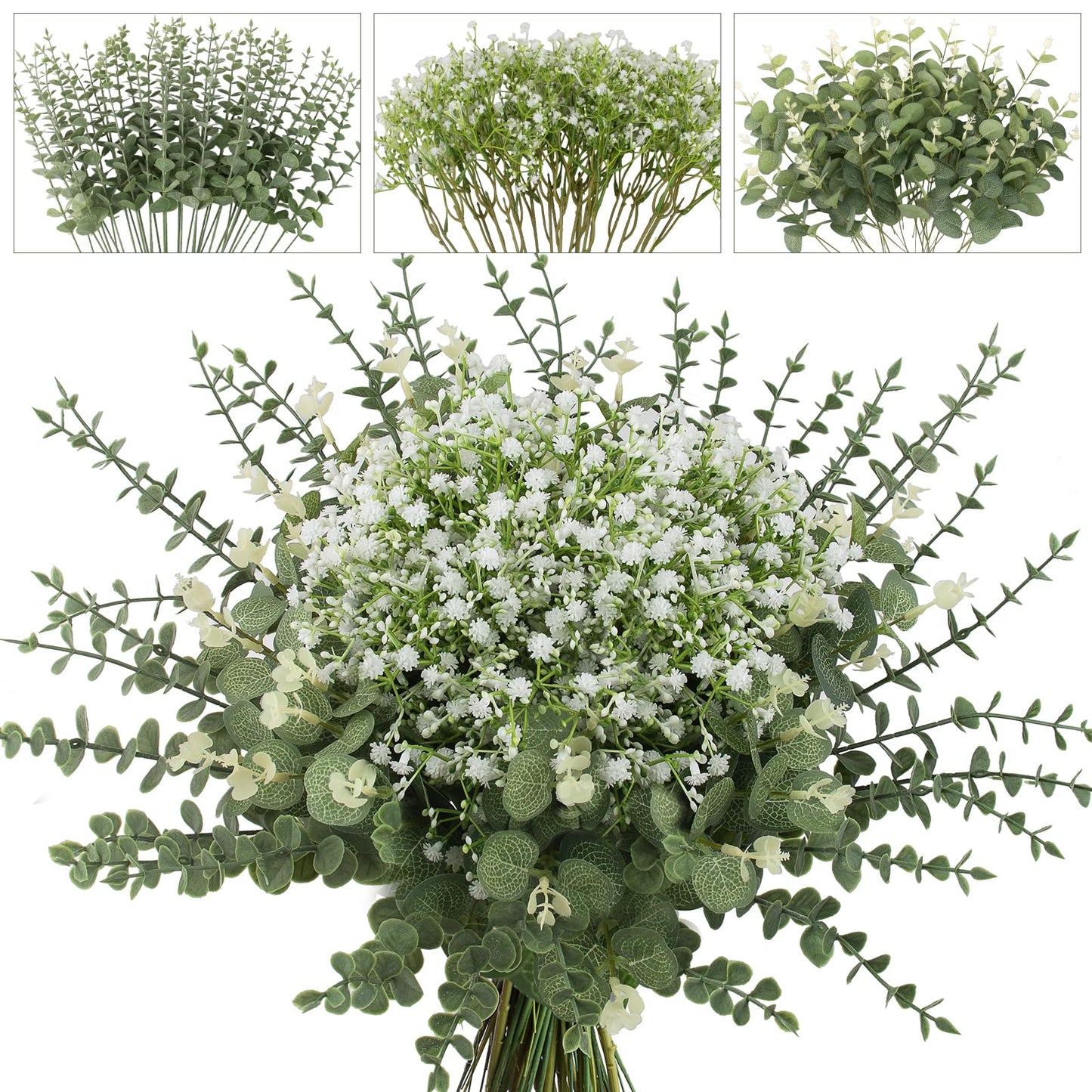 lovemoon 130 Pcs Artificial Mixed EucalyptusStems Bulk, 5 Kinds of Faux GreeneryEucalyptus Leaves Bulk for Vase Wedding DIY Bouquets Floral Arrangement Home Decor (130, Green)