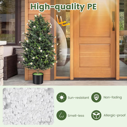 36" Artificial Topiary Cone Tree, Faux Potted Shrub Plant w/49 Flowers, Sun-Resistant Indoor Outdoor Evergreen Decoration for Home, Office, Front Porch