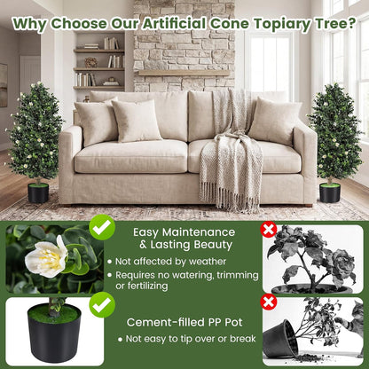 36" Artificial Topiary Cone Tree, Faux Potted Shrub Plant w/49 Flowers, Sun-Resistant Indoor Outdoor Evergreen Decoration for Home, Office, Front Porch