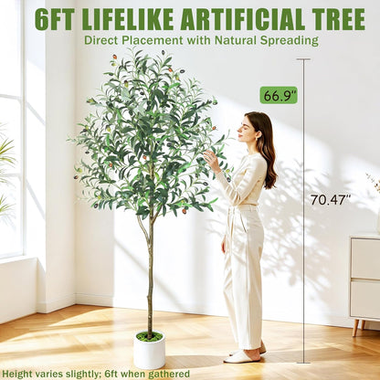 6ft Olive Trees Artificial Indoor with Pot, Faux Fake Olive Tree with Realistic Wood Trunk and Lifelike Fruits, Large Faux Plant for Home Living Room Entryway Office Decor