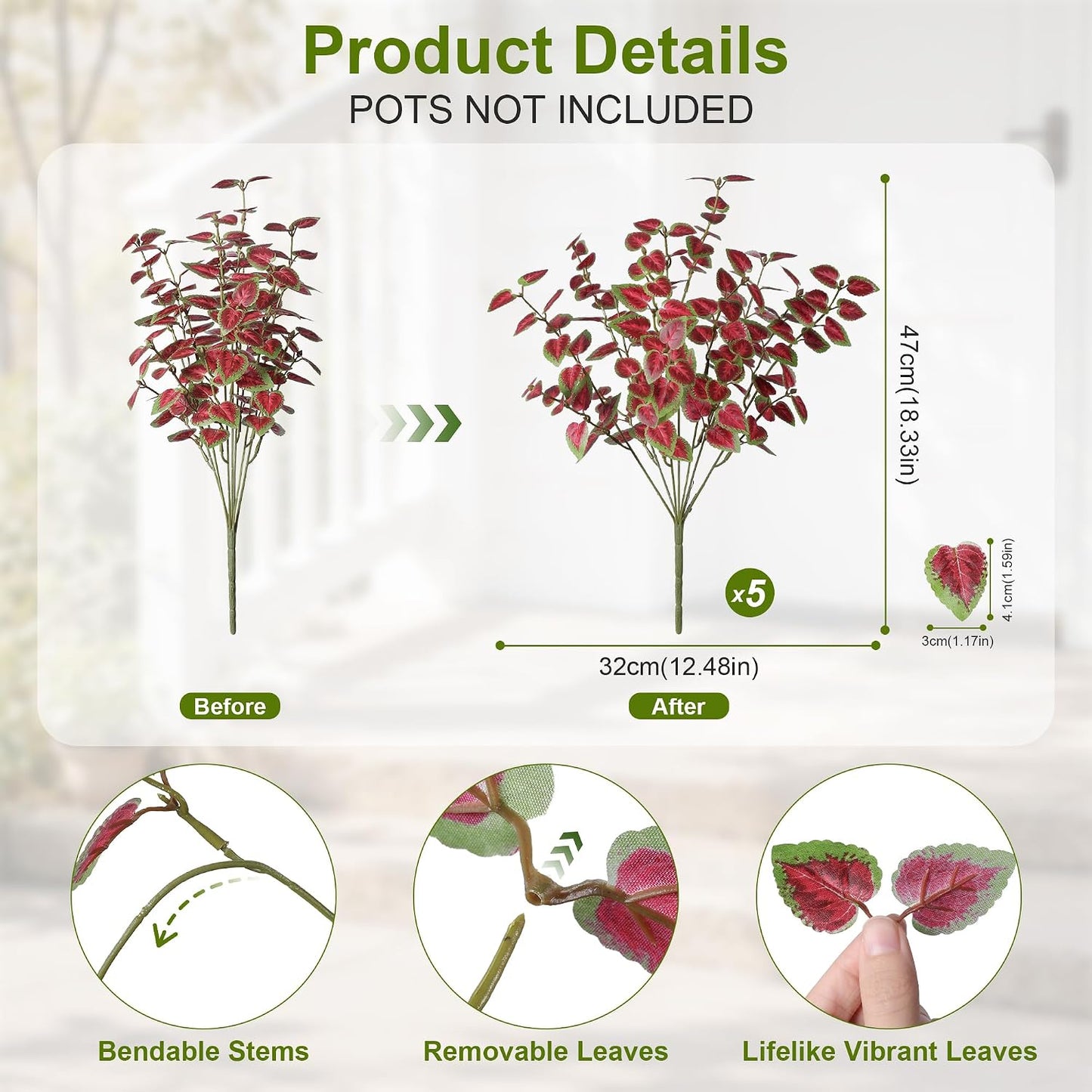 Ivydale Artificial Plants Outdoor 5 Pcs, Faux Greenery Plants Outdoor UV Resistant Silk Plants with Stems, Fake Plants for Outside Planter Front Porch Patio Pathway Decoration(Red)