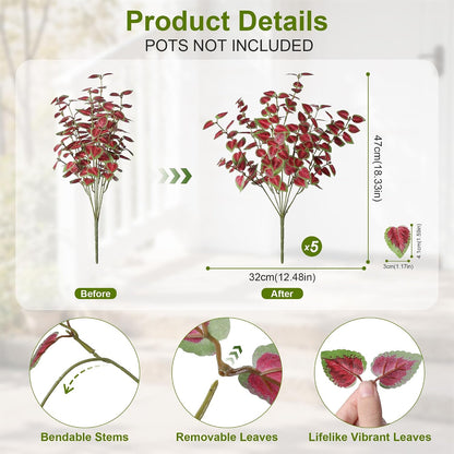 Ivydale Artificial Plants Outdoor 5 Pcs, Faux Greenery Plants Outdoor UV Resistant Silk Plants with Stems, Fake Plants for Outside Planter Front Porch Patio Pathway Decoration(Red)