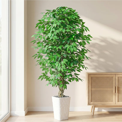 6FT Artificial Ficus Tree, Tall Fake Ficus Tree with Natural Wood Trunk & Silk Leaves, Large Artificial Plant Indoor for Home Living Room Office Bedroom Decor