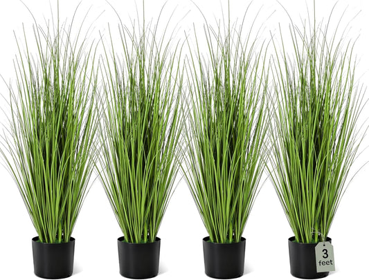 Jexine 4 Pieces Tall Artificial Grass Plant Potted Artificial Greenery Floor Plants Fake Pampas Grass Tall in Pot for Housewarming Gift House Garden Bathroom Lobby Indoor Outdoor (Green,3 ft)
