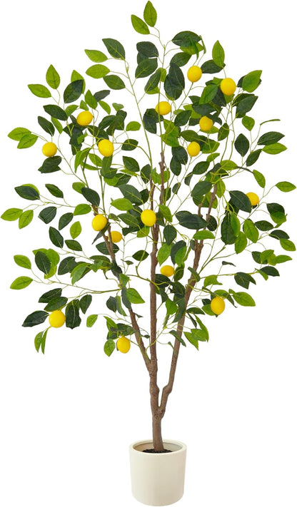 Warmplants Artificial Lemon Tree, 5ft Tall Fake Lemon Silk Plant with White Planter, Faux Lemon Plastic Fruit Tree for Indoor Home Decor Office Garden