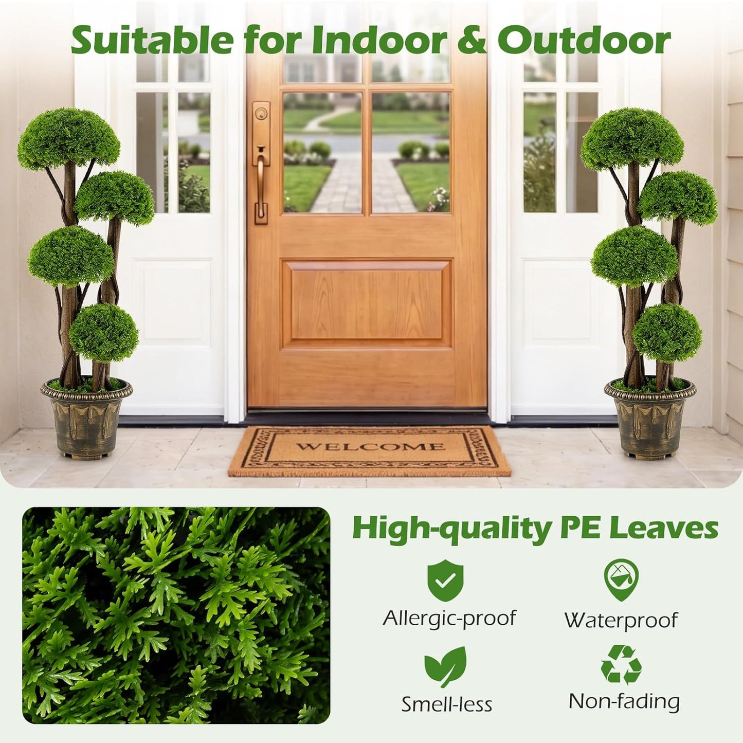 3 FT Artificial Cypress Topiary Ball Tree, Faux Greenery Plant with Cement-Filled Planter, Vines, Real Wood Trunks, Indoor Outdoor Fake Shrub Plant for Office Home Front Porch Decor