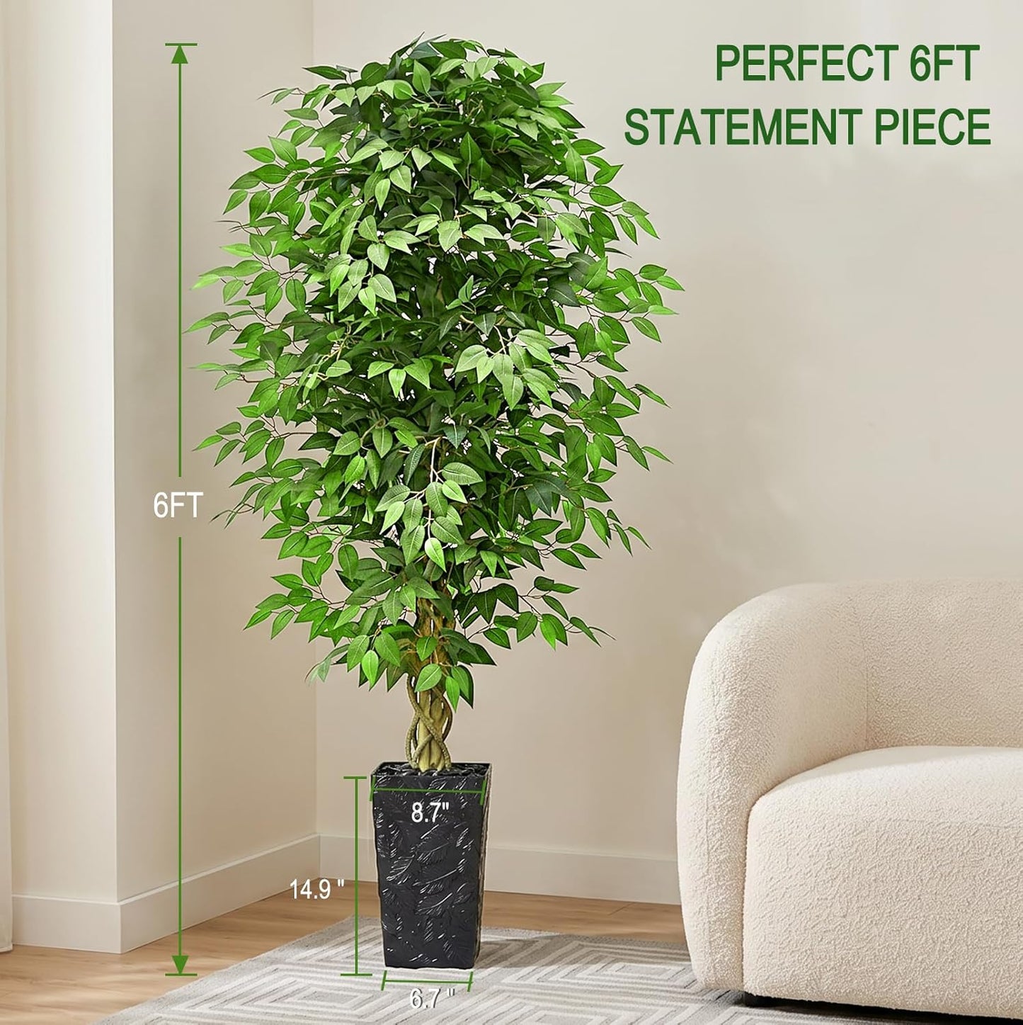 6FT Artificial Ficus Tree, Tall Fake Ficus Tree with Natural Wood Trunk & Silk Leaves, Large Artificial Plant Indoor for Home Living Room Office Bedroom Decor