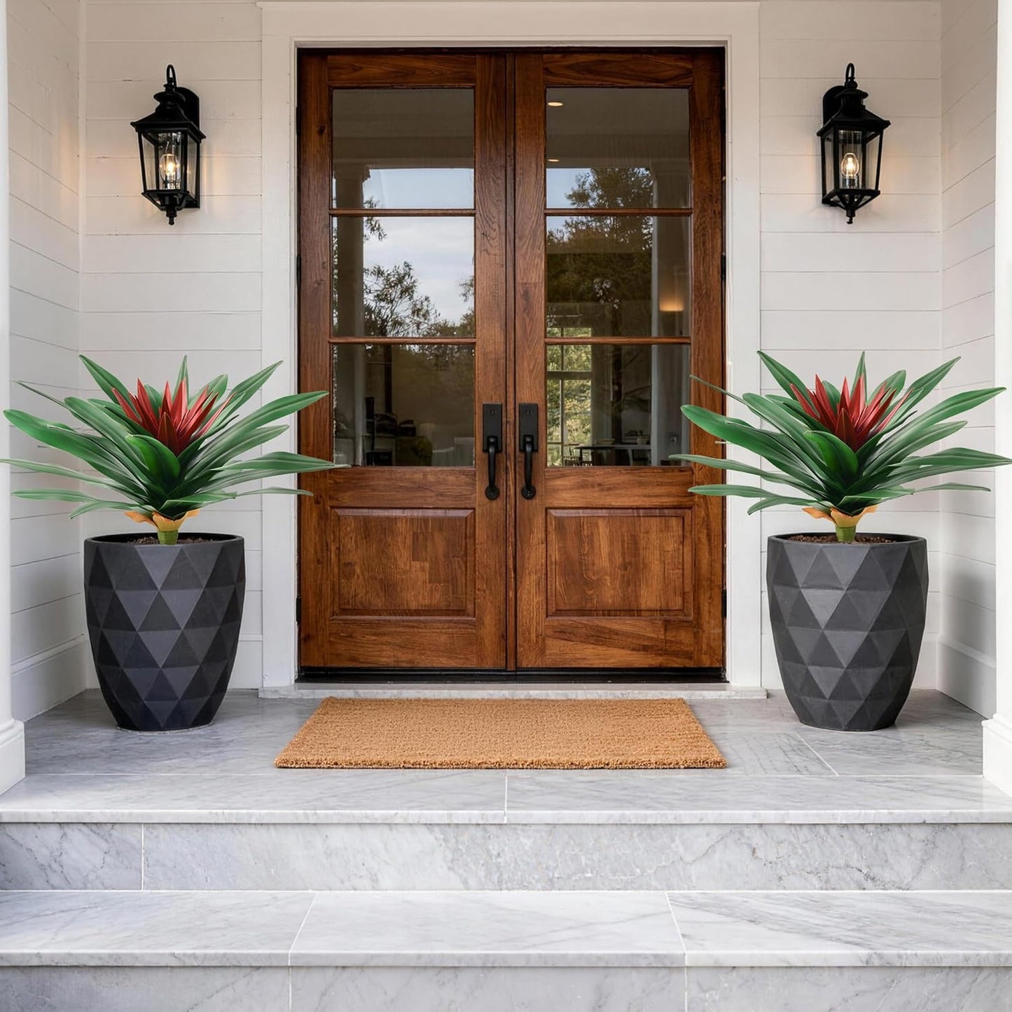 DREAMLOOM Fake Plants, 2 Pcs 21.7 Inch Bromeliads Large Artificial Plants Outdoor Faux Plants UV Resistant Realistic Tropical Greenery Outside for Planter Porch Patio Yard Garden Indoor