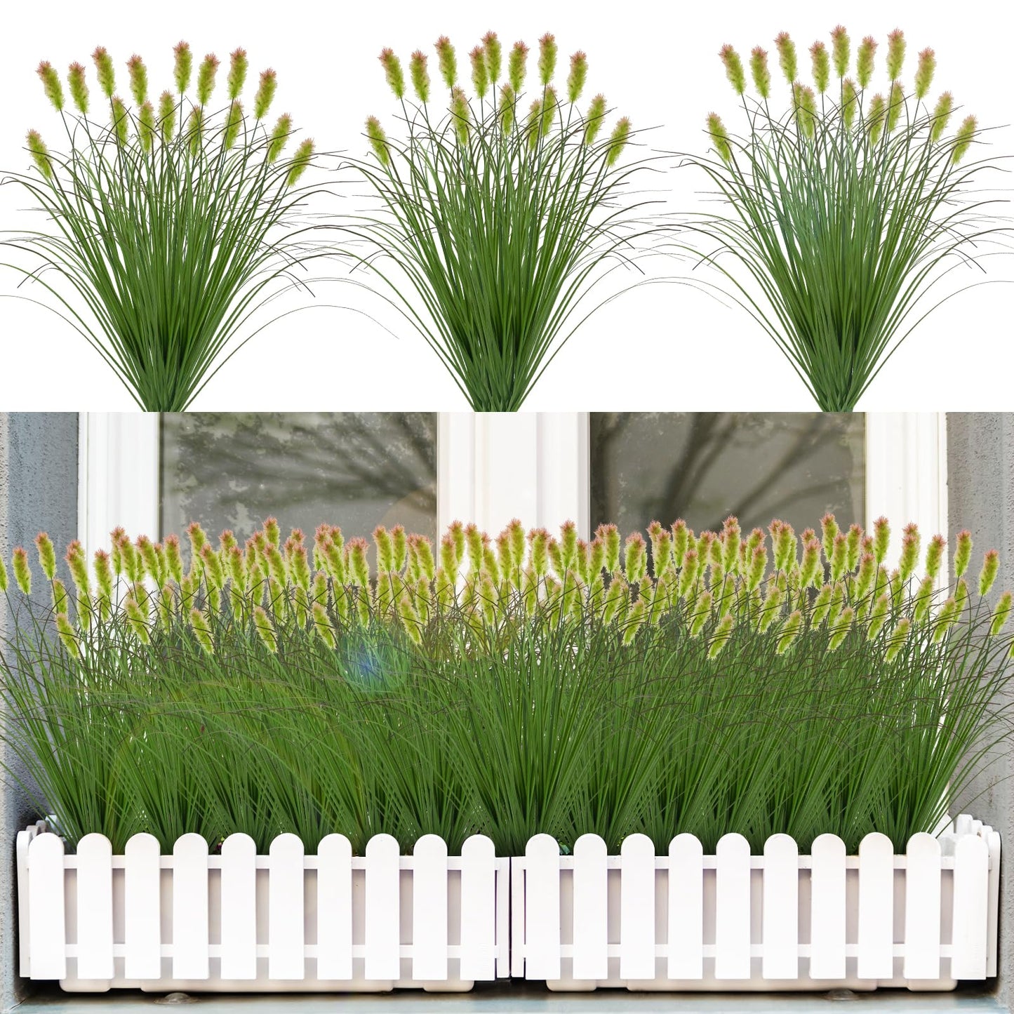 12Pcs Artificial Grass Plants, Faux Shrubs Wheat Grass, Artificial Tall Grass Fake Plants for Outdoor Decor,Artificial Greenery Stems Weed for Room Indoor Home Decor（Green Red Tail）
