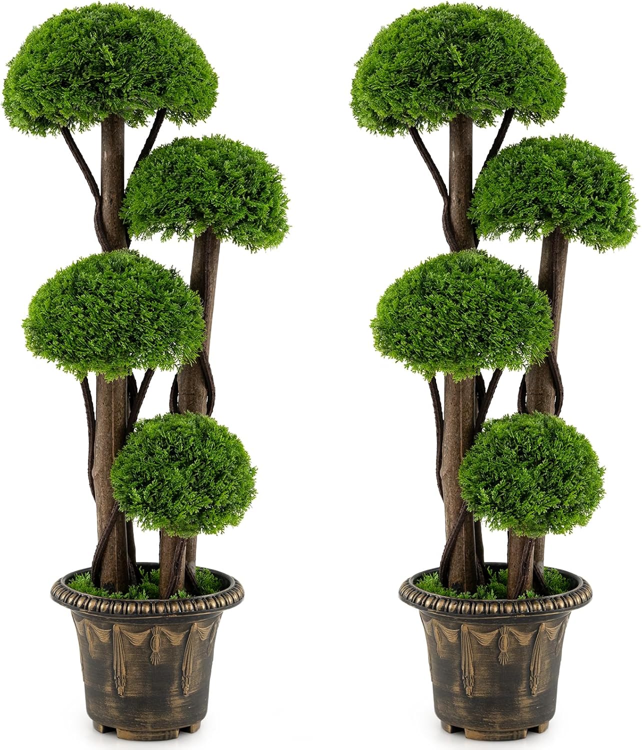 3 FT Artificial Cypress Topiary Ball Tree, Faux Greenery Plant with Cement-Filled Planter, Vines, Real Wood Trunks, Indoor Outdoor Fake Shrub Plant for Office Home Front Porch Decor