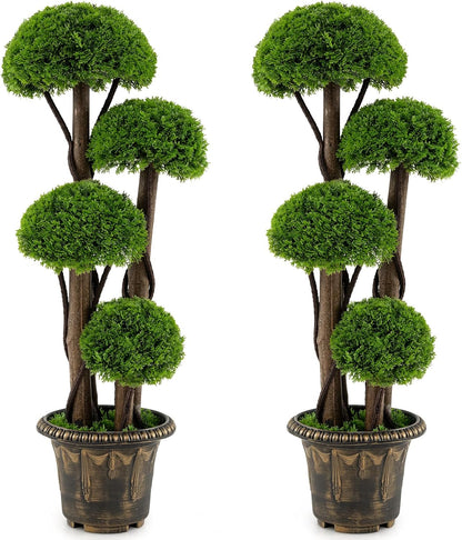 3 FT Artificial Cypress Topiary Ball Tree, Faux Greenery Plant with Cement-Filled Planter, Vines, Real Wood Trunks, Indoor Outdoor Fake Shrub Plant for Office Home Front Porch Decor