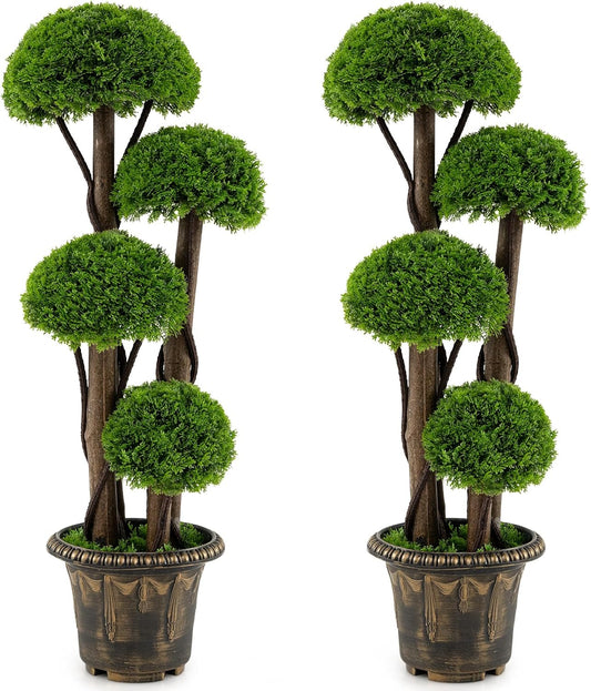 3 FT Artificial Cypress Topiary Ball Tree, Faux Greenery Plant with Cement-Filled Planter, Vines, Real Wood Trunks, Indoor Outdoor Fake Shrub Plant for Office Home Front Porch Decor