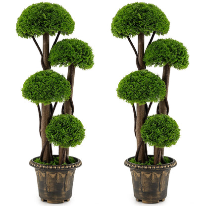 3 FT Artificial Cypress Topiary Ball Tree, Faux Greenery Plant with Cement-Filled Planter, Vines, Real Wood Trunks, Indoor Outdoor Fake Shrub Plant for Office Home Front Porch Decor
