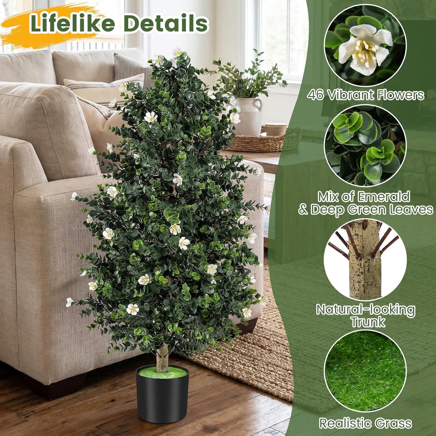36" Artificial Topiary Cone Tree, Faux Potted Shrub Plant w/49 Flowers, Sun-Resistant Indoor Outdoor Evergreen Decoration for Home, Office, Front Porch