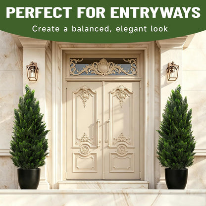 Artificial Topiary Pine Trees 3FT, Dense Faux Cedar Plants with Heavy Weighted Base, UV Resistant Outdoor Fake Trees for Front Door, Porch, Entryway & Indoor Home Decor