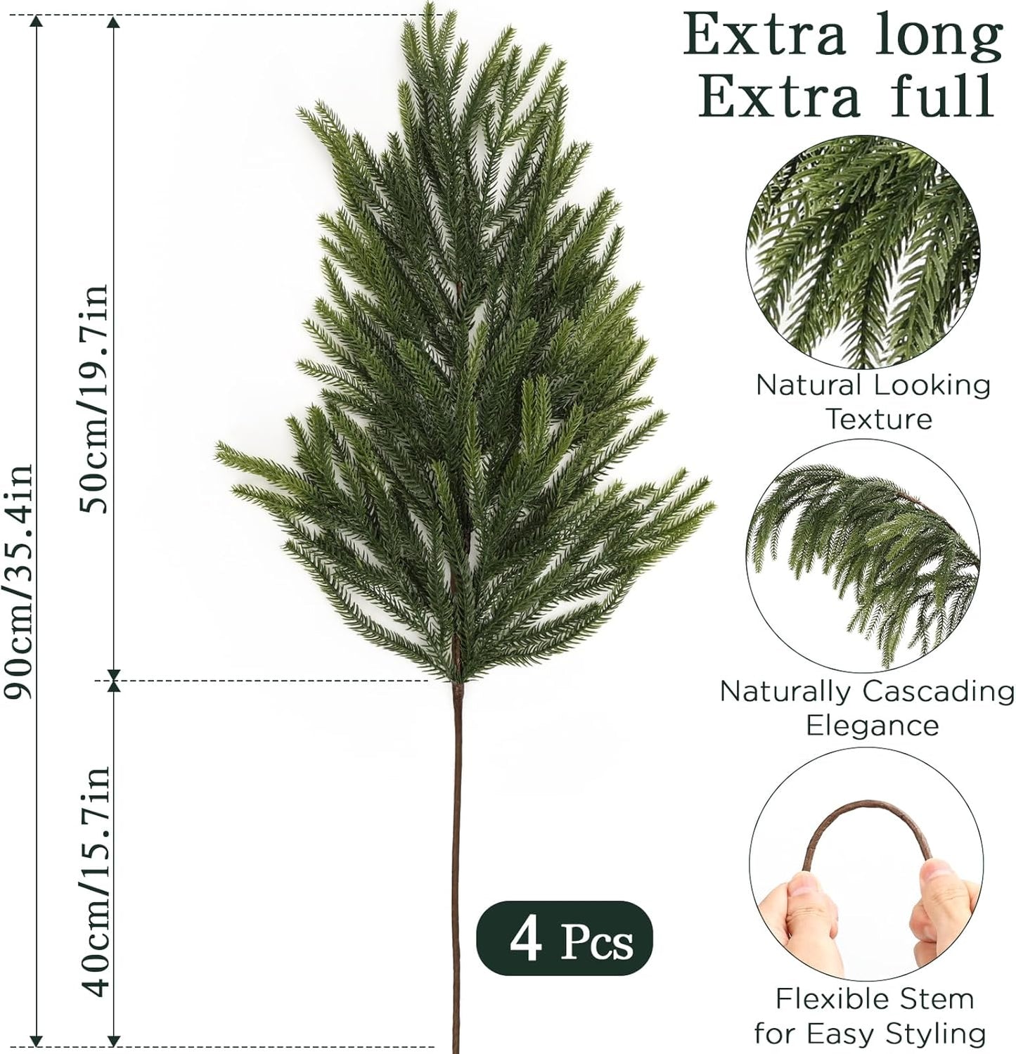 N&T NIETING 36 Inch Norfolk Pine Branches, 4 Pcs Soft Textured Artificial Norfolk Pine Stems, Faux Cedar Pine Greenery Picks for Vase, DIY Garland Wreath, Christmas Indoor Outdoor Home Decor