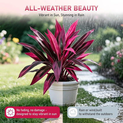 2pcs Large Realistic Artificial Boston Fern & Dragon's Blood Tree Artificial Turf UV Resistant Red Cordyline Ti Plants Red/Pink Vibrant Purple Leaves (A)