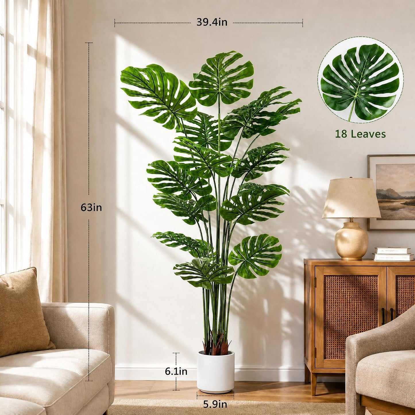 Artificial Monstera Deliciosa Plant 5.2ft, Lifelike Faux Swiss Cheese Floor Plant with 18 Leaves in Pot, Tall Fake Tropical Tree for Indoor Home Living Room Office Decor, 2 Pack