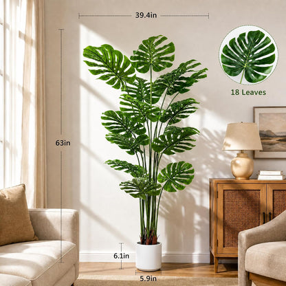 Artificial Monstera Deliciosa Plant 5.2ft, Lifelike Faux Swiss Cheese Floor Plant with 18 Leaves in Pot, Tall Fake Tropical Tree for Indoor Home Living Room Office Decor, 2 Pack