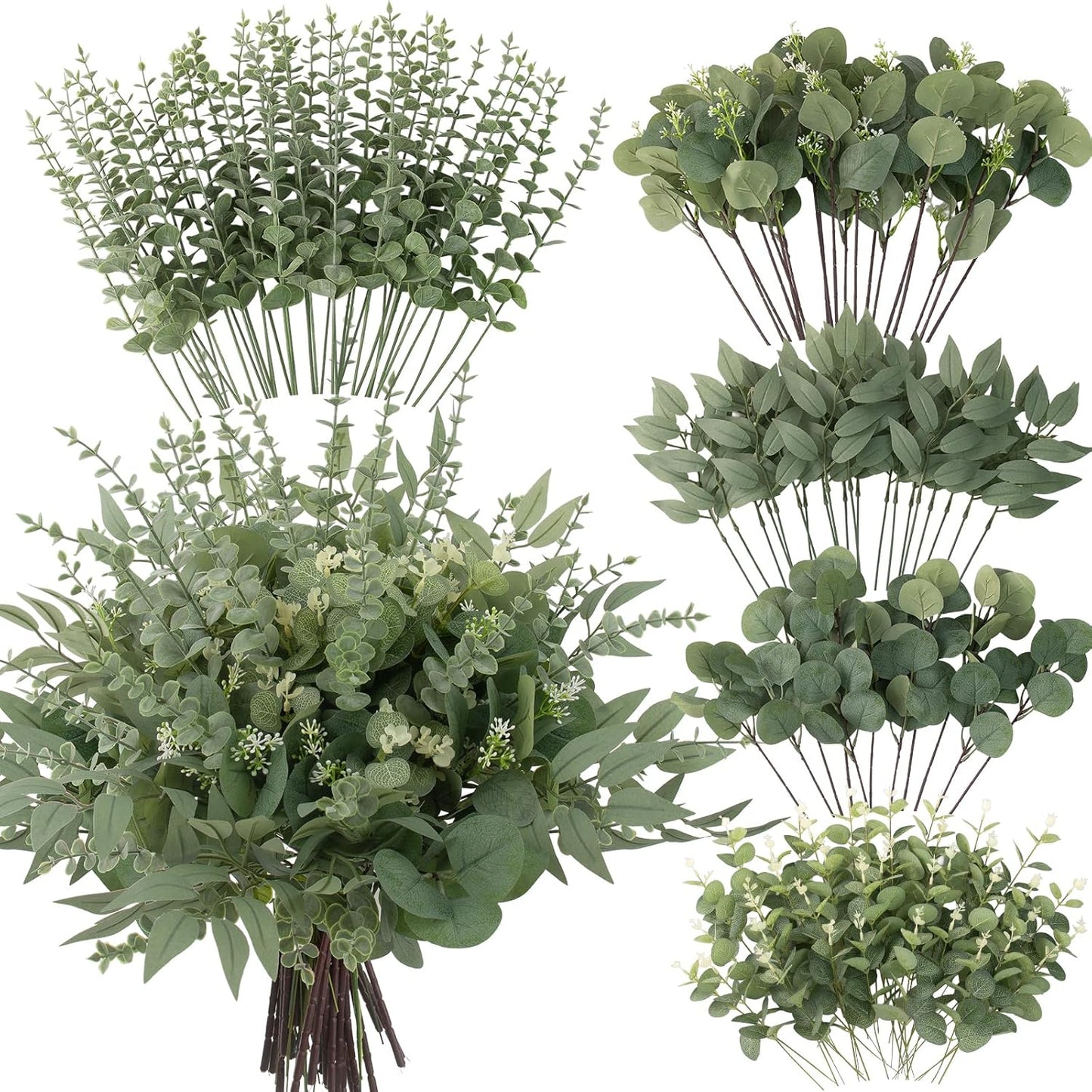 lovemoon 130 Pcs Artificial Mixed EucalyptusStems Bulk, 5 Kinds of Faux GreeneryEucalyptus Leaves Bulk for Vase Wedding DIY Bouquets Floral Arrangement Home Decor (130, Green)