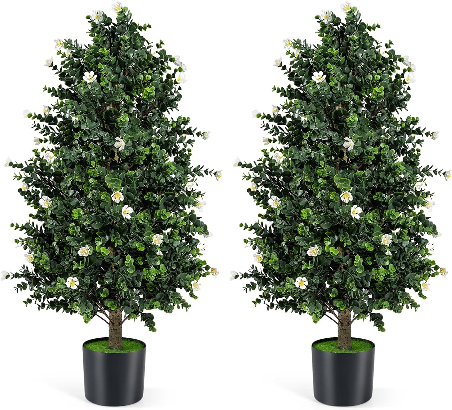 36" Artificial Topiary Cone Tree, Faux Potted Shrub Plant w/49 Flowers, Sun-Resistant Indoor Outdoor Evergreen Decoration for Home, Office, Front Porch