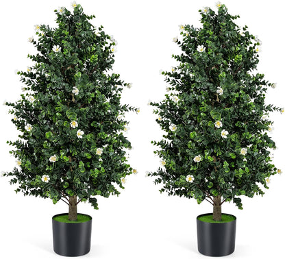 36" Artificial Topiary Cone Tree, Faux Potted Shrub Plant w/49 Flowers, Sun-Resistant Indoor Outdoor Evergreen Decoration for Home, Office, Front Porch