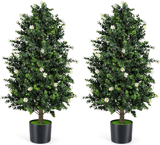 36" Artificial Topiary Cone Tree, Faux Potted Shrub Plant w/49 Flowers, Sun-Resistant Indoor Outdoor Evergreen Decoration for Home, Office, Front Porch