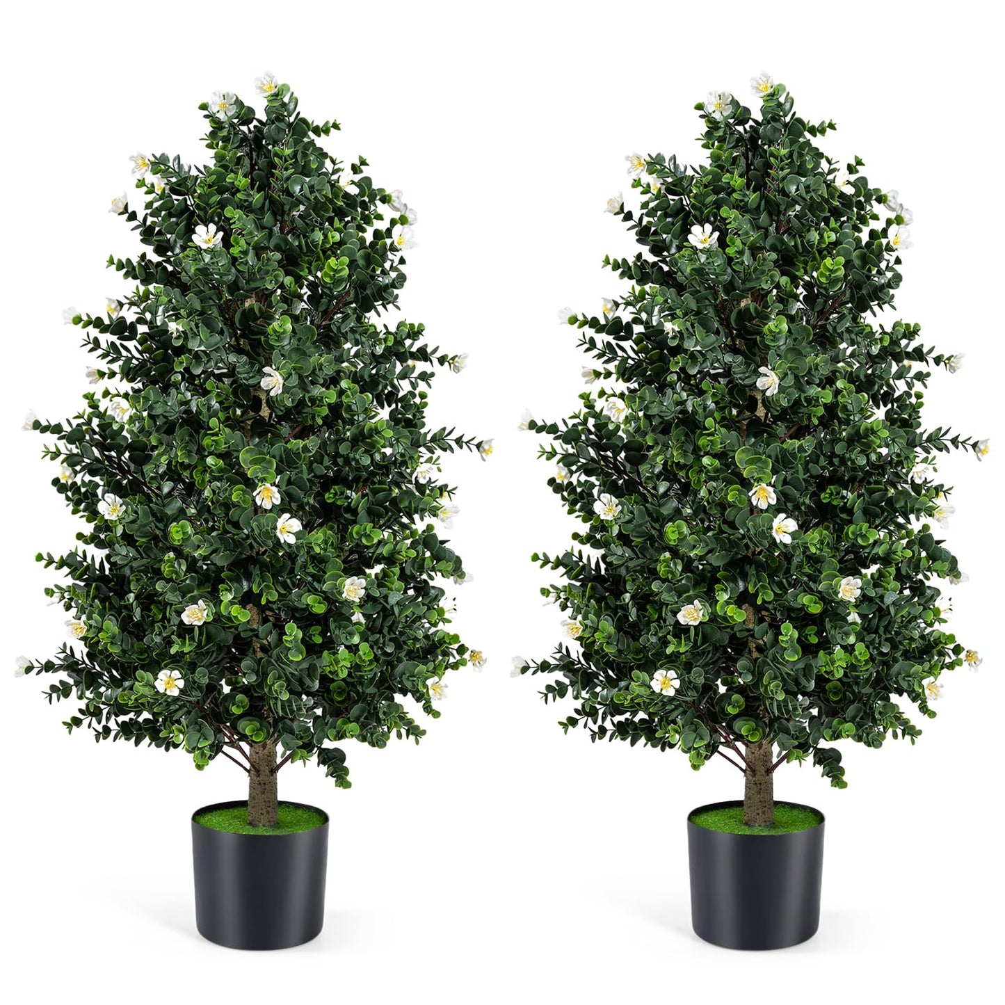 36" Artificial Topiary Cone Tree, Faux Potted Shrub Plant w/49 Flowers, Sun-Resistant Indoor Outdoor Evergreen Decoration for Home, Office, Front Porch