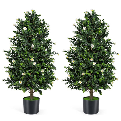 36" Artificial Topiary Cone Tree, Faux Potted Shrub Plant w/49 Flowers, Sun-Resistant Indoor Outdoor Evergreen Decoration for Home, Office, Front Porch