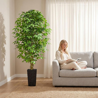 6FT Artificial Ficus Tree, Tall Fake Ficus Tree with Natural Wood Trunk & Silk Leaves, Large Artificial Plant Indoor for Home Living Room Office Bedroom Decor